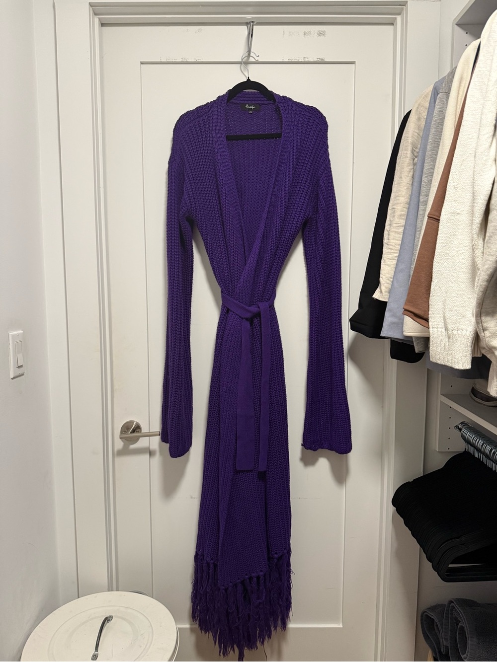 Hanifa Cozy Long Knit Robe with Fringe in Purple